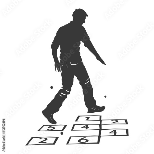 Hopscotch Silhouette: Man Leaping through Childhood Game, Abstract Vector.