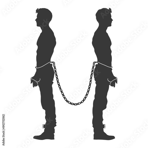 Silhouetted Men, Shackled and Chained: Shared Burden, Loss of Freedom Concept.