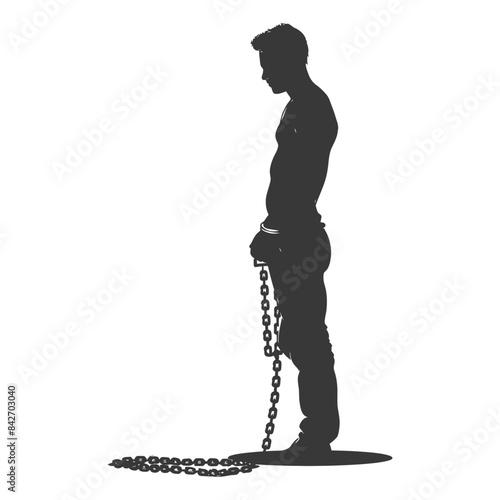 Silhouetted man in chains, looking down, isolated on white.