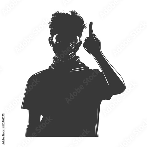 Silhouette of a Masked Teen with Raised Finger, Idea or Protest Concept.