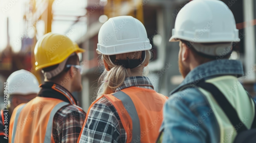 A team huddle as workers discuss the progress made so far and plan for the next steps of the project.
