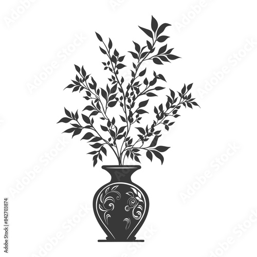 silhouette ornamental plants in vase full body black color only