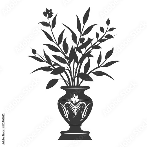 silhouette ornamental plants in vase full body black color only