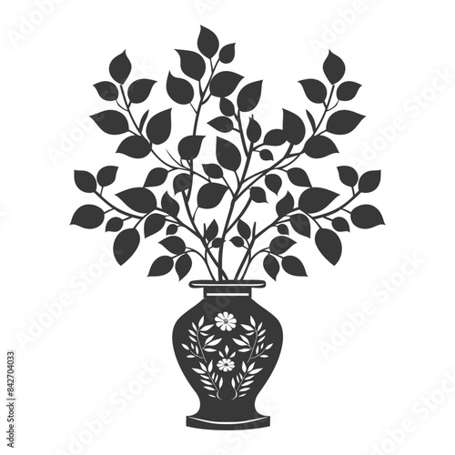 silhouette ornamental plants in vase full body black color only