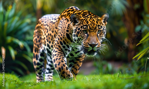 Jaguar walking on a grassy path in wildlife  the jaguar is chasing prey
