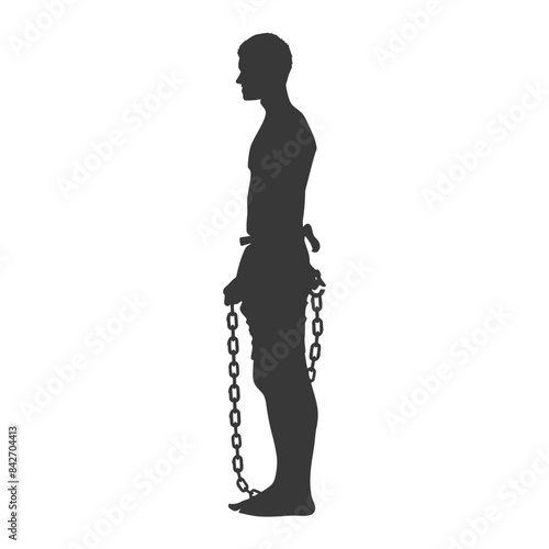 Chained Silhouette: Barefoot Male Figure in Profile, Shackled Wrists, Isolated.