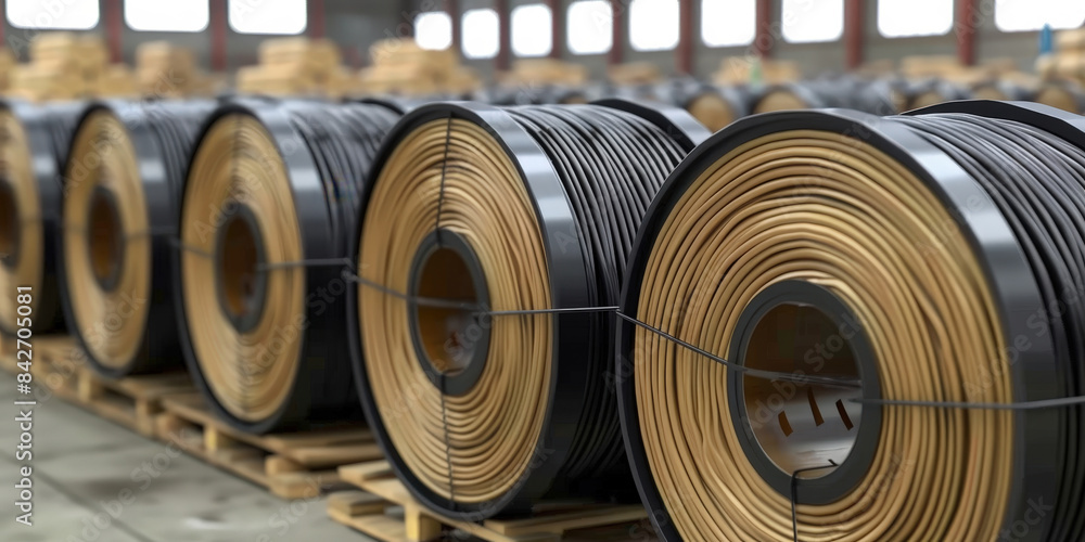 Close-up of industrial reels with black cables neatly coiled on wooden spools. texture of the cables and spools, representing utility and electrical materials.. Close-up of industrial reels with black cables neatly coiled on wooden spools. texture of the cables and spools, representing utility and electrical materials..