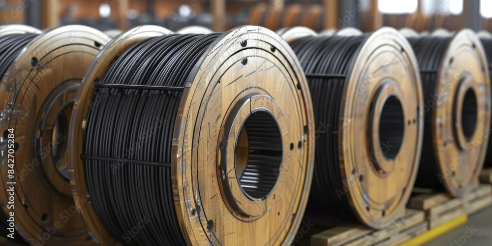 Close-up of industrial reels with black cables neatly coiled on wooden spools. texture of the cables and spools, representing utility and electrical materials.. Close-up of industrial reels with black cables neatly coiled on wooden spools. texture of the cables and spools, representing utility and electrical materials..