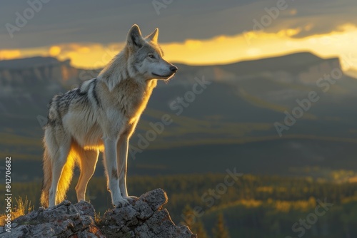 A lone wolf stands on a rocky outcrop overlooking a sunlit valley. The dramatic lighting casts long shadows  emphasizing the wolf s strong  solitary presence. The surrounding forest and distant