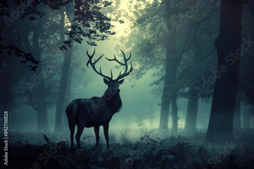 A majestic stag stands proudly in a misty forest clearing  its antlers catching the early morning light. The mist creates an ethereal atmosphere  while the shadows of the trees add depth to the