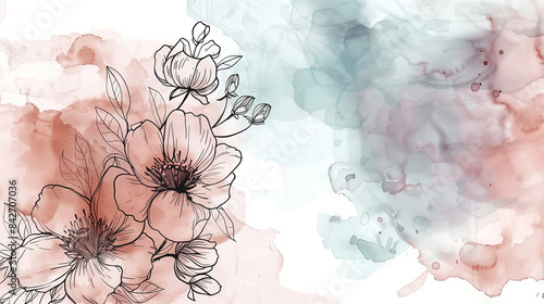 Watercolor background with flowers drawn on top of. Linework.