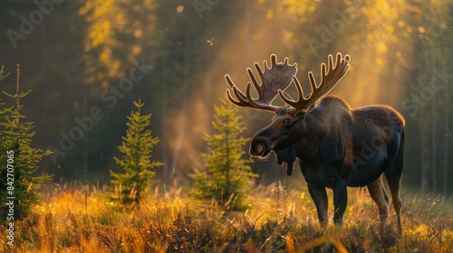 A majestic moose stands in a sunlit meadow, its large antlers catching the light. The long shadows cast by its form create a dramatic effect, while the vibrant greenery and distant forest provide a © Woraphon