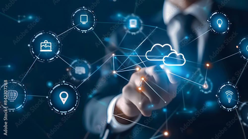 Businessman touching a cloud technology icon with a network connection on a virtual screen. Business man using an online web banner Businessman touching a cloud technology icon with a network connection on a virtual screen. Business man using an online web banner