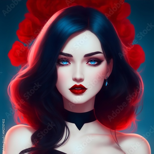 Captivating AI Art: Dark-Haired Woman in Elegant Black Dress, Digital Illustration. Beautiful Digital Portrait of a Woman with Deep blue Eyes and Luxurious Black Hair – AI Generated Art © Ash