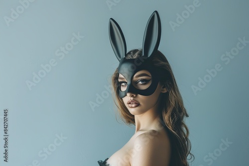 A medium shot of a young woman wearing a black bunny mask with ears. Generative AI © Анатолий Савицкий