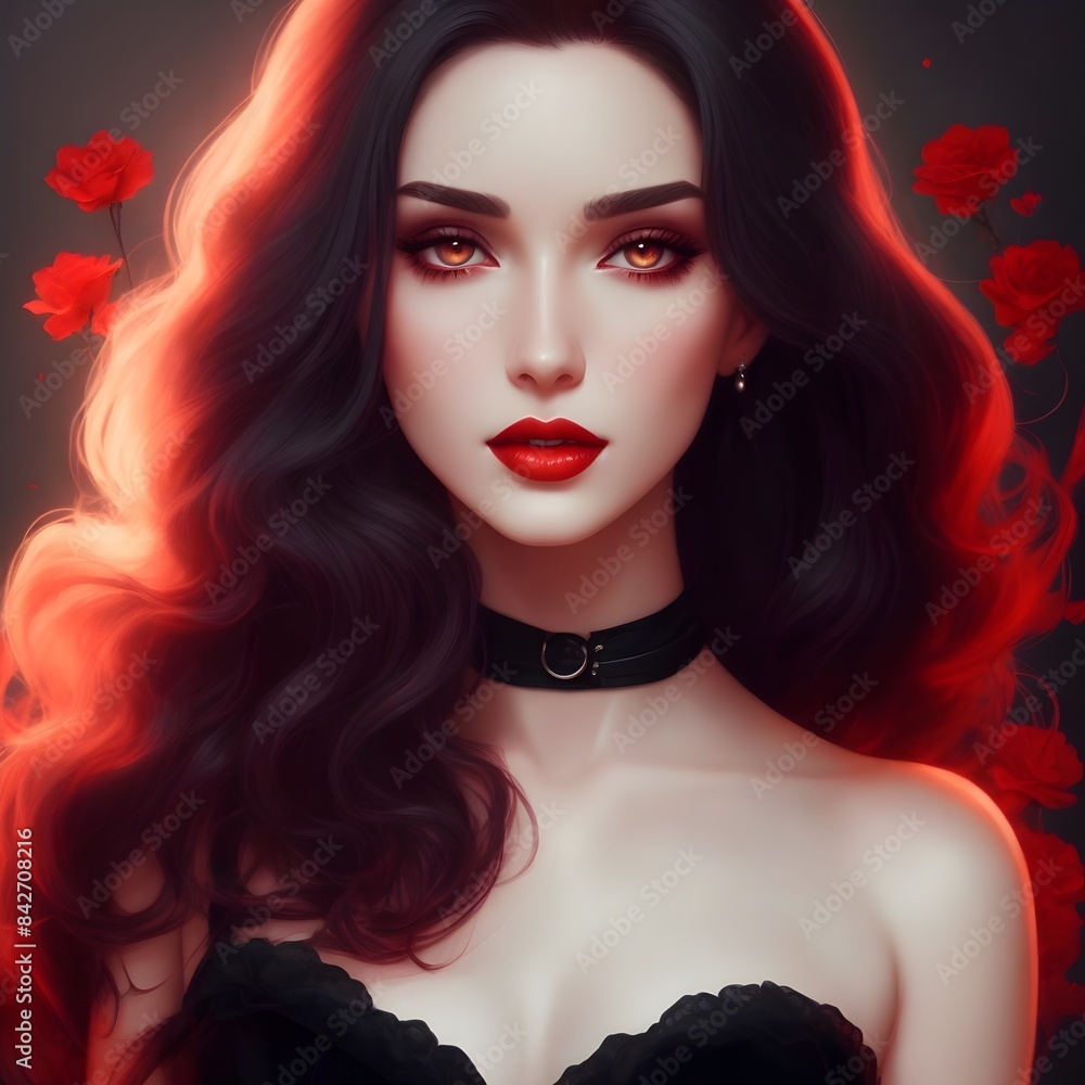 Captivating AI Art: Dark-Haired Woman in Elegant Black Dress, Digital Illustration. Beautiful Digital Portrait of a Woman with Deep red Eyes and Luxurious Black Hair – AI Generated Art Captivating AI Art: Dark-Haired Woman in Elegant Black Dress, Digital Illustration. Beautiful Digital Portrait of a Woman with Deep red Eyes and Luxurious Black Hair – AI Generated Art