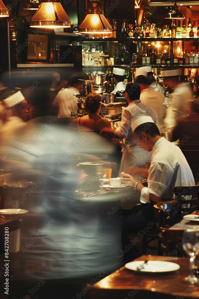 crowded restaurant or pub with people dining and waiters, bartender and chefs working, crowd drinking and eat in full bar or cafe, blurred motion crowded restaurant or pub with people dining and waiters, bartender and chefs working, crowd drinking and eat in full bar or cafe, blurred motion