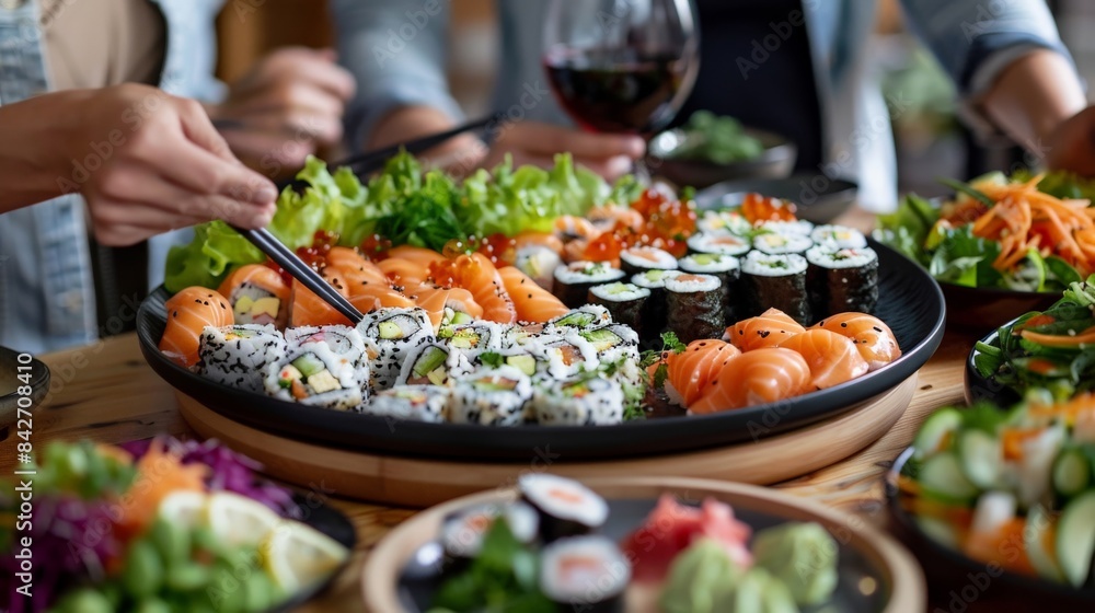 Friends sharing a platter of sushi and fresh salads during a get-together Friends sharing a platter of sushi and fresh salads during a get-together