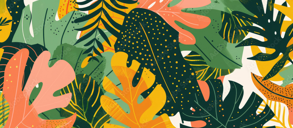 Fototapeta Vibrant tropical leaf patterns with various shapes such as palm leaves or monstera leaves in shades of green, pink, orange and yellow