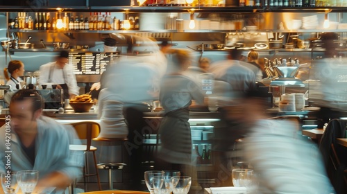 crowded restaurant or pub with people dining and waiters, bartender and chefs working, crowd drinking and eat in full bar or cafe, blurred motion