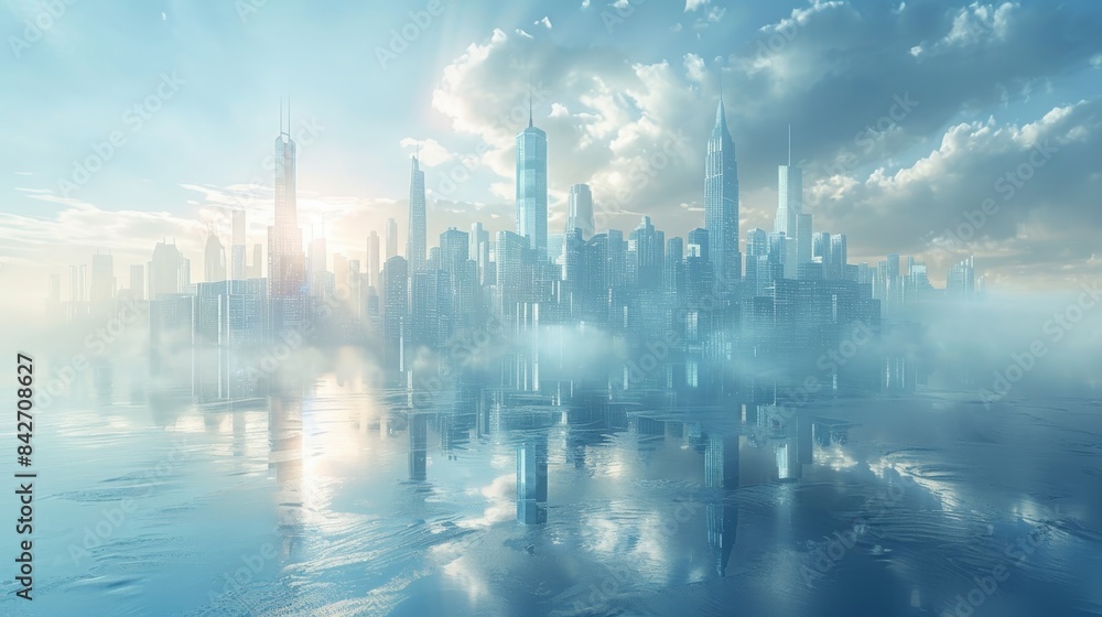 a clear glass city skyline made out of transparent glass material with a simple sky in the background a clear glass city skyline made out of transparent glass material with a simple sky in the background
