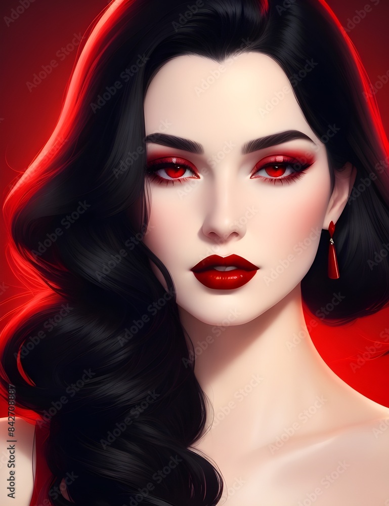 Fototapeta premium Captivating AI Art: Dark-Haired Woman in Elegant Black Dress, Digital Illustration. Beautiful Digital Portrait of a Woman with Deep red Eyes and Luxurious Black Hair – AI Generated Art
