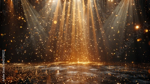 Magical scene of sparkling golden dust particles with beams of light on a dark background