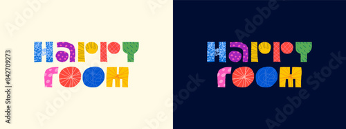 Happy room abstract decorative concept logo. Modern colorful graphic shapes letters for kids playroom advertising. Children fun and play place trendy creative sign. Cartoon artistic style eps design