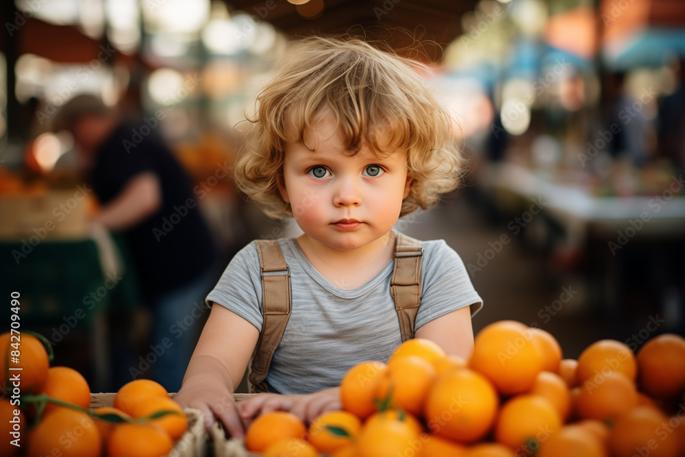 Fototapeta premium Sunny bright Portrait of cute serious toddler boy at farmers market near orange stand.