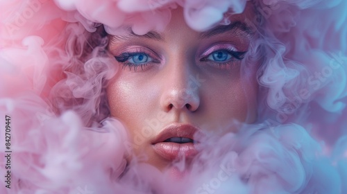 A surreal and captivating portrait of a woman with striking eyes among wisps of color-shifting smoke in shades of pink and blue © familymedia