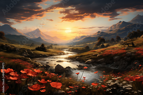 Un coucher de soleil orange illumine le ciel, refletant sur le lac entouré de montagnes. La nature se prépare pour une nuit paisible.