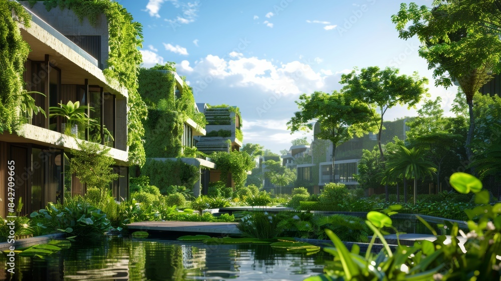 Immerse yourself in a green living oasis with a 3D rendering of a sustainable environment Immerse yourself in a green living oasis with a 3D rendering of a sustainable environment
