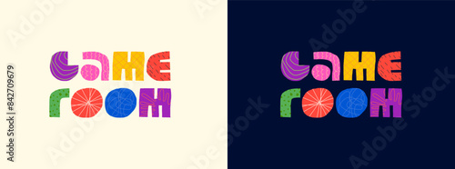 Game room abstract decorative concept logo. Modern colorful graphic shapes letters for gamer kids playroom advertising. Children fun and play place trendy creative sign. Cartoon artistic style badge