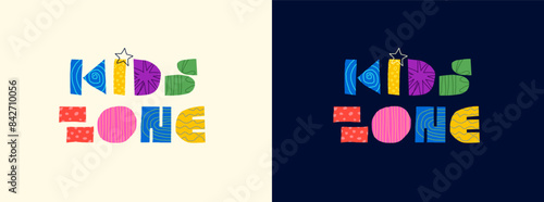 Kids zone abstract decorative concept logo. Modern colorful graphic shapes lettering for playroom advertising. Children fun and play place trendy creative sign. Cartoon artistic style inscription