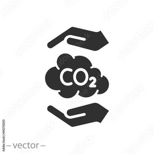 reduce carbon emission icon, hands capture co2 cloud, protect environment, flat symbol on white background - vector illustration