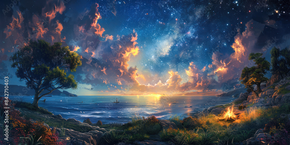 Surreal seascape with fiery clouds and stars Surreal seascape with fiery clouds and stars