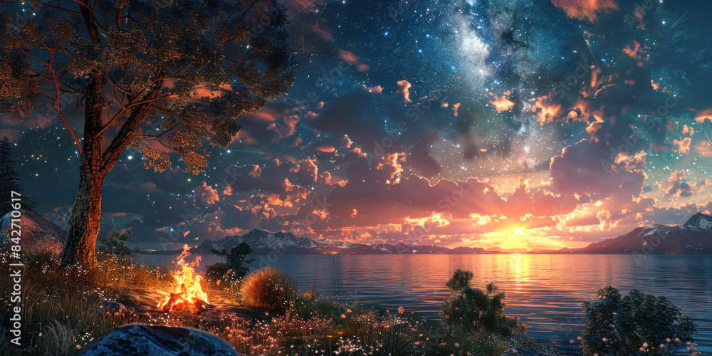 Lakeside campfire under a starry sky scene Lakeside campfire under a starry sky scene