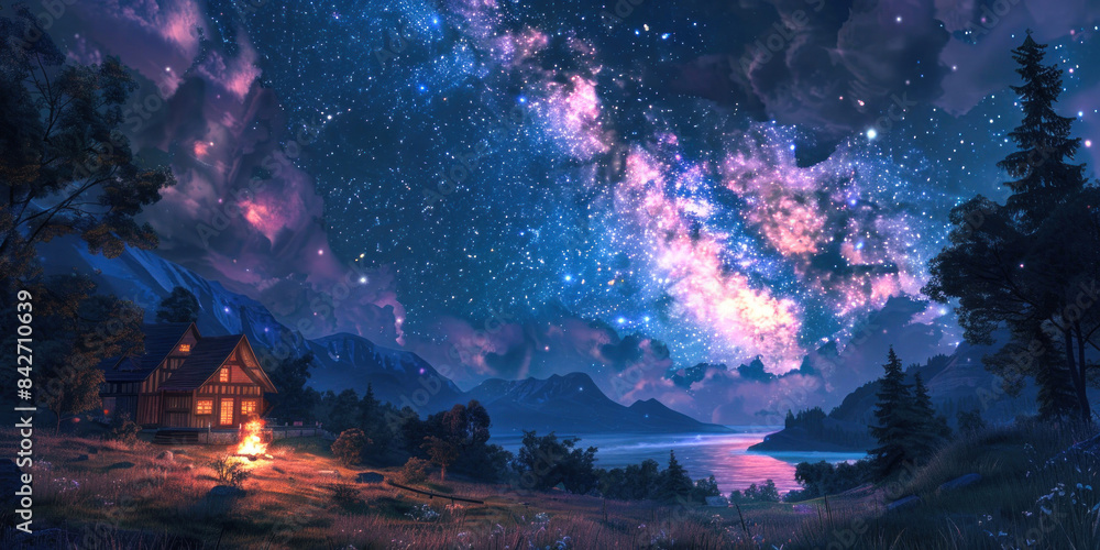 Lakeside cabin under a starry night sky Lakeside cabin under a starry night sky