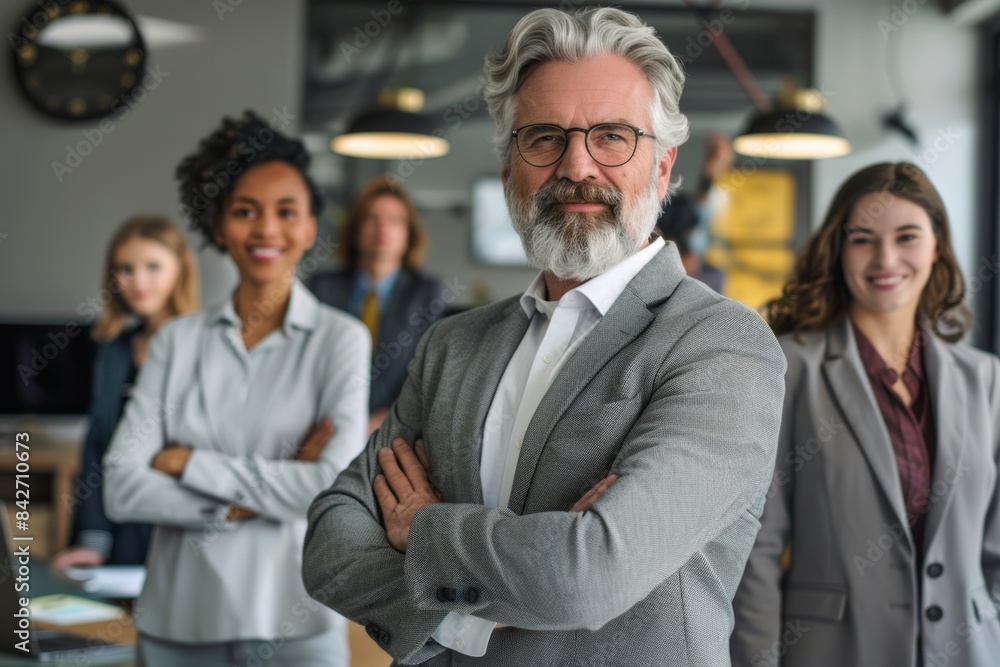 Portrait of a senior businessman with his team in the background. Portrait of a senior businessman with his team in the background.