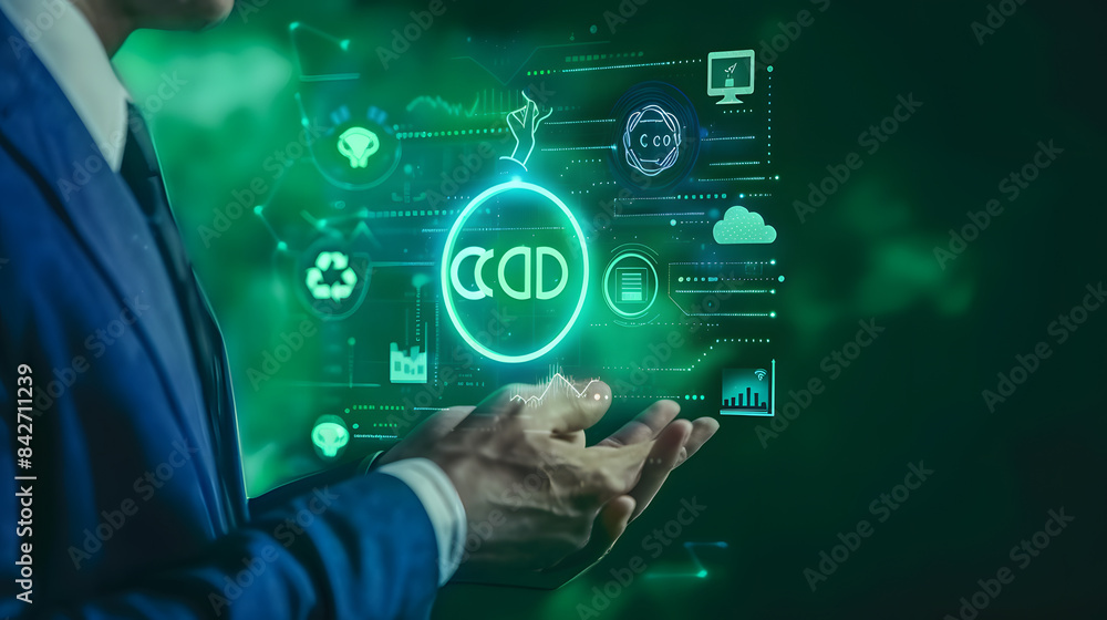 Businessman touching green CO2 icon on virtual screen for carbon neutral and climate change with clean energy concept. E pigment print Businessman touching green CO2 icon on virtual screen for carbon neutral and climate change with clean energy concept. E pigment print