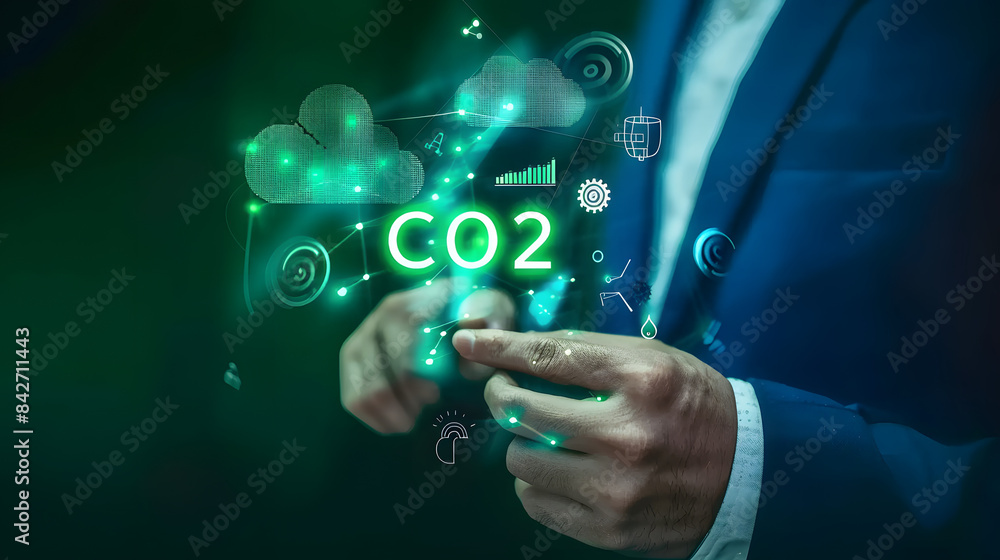 Fototapeta premium Businessman touching green CO2 icon on virtual screen for carbon neutral and climate change with clean energy concept. E pigment print 