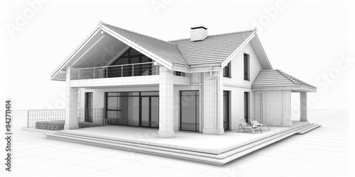 3d render house on white background, in the style of blueprint, precise perspective, composite construction, precisionist, cad (computer aided design), high quality photo, mono-ha 