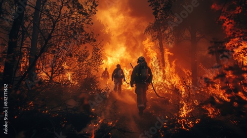 Firefighters are depicted marching towards an intense forest fire, underlining elements of courage and urgency