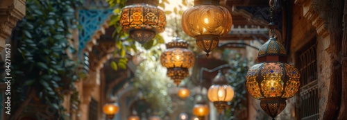 ethnic lamps hanging from the roof of the old city in the style of Arabic architecture