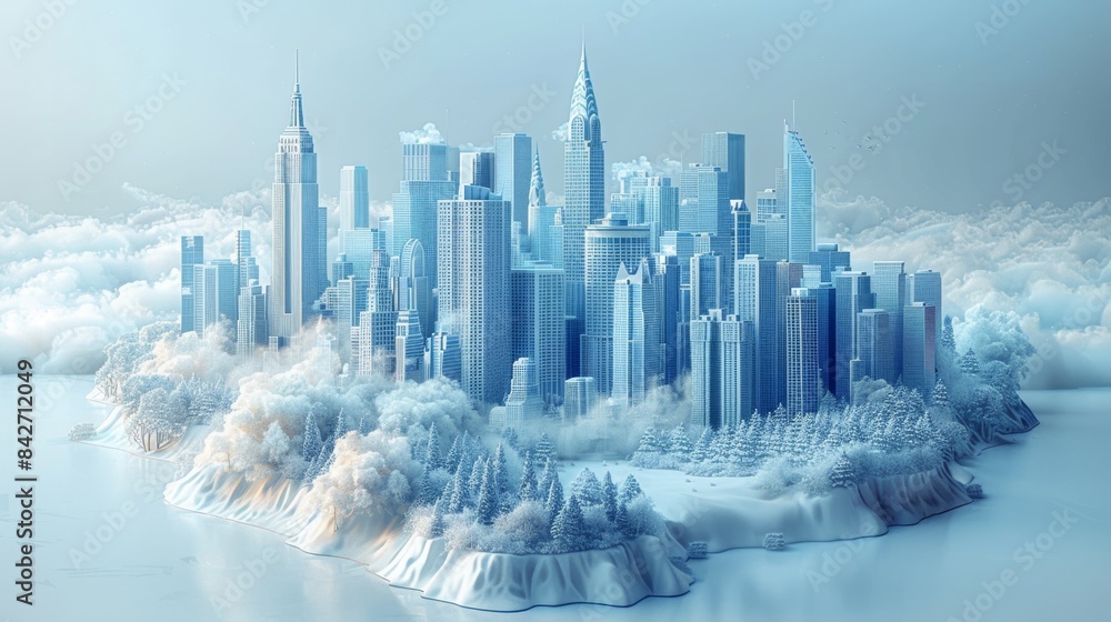 Floating on the pure white ground is a scroll, on which are built many blue and white skyscrapers, isometric, C4D style, sand table Floating on the pure white ground is a scroll, on which are built many blue and white skyscrapers, isometric, C4D style, sand table