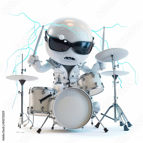 3D Thunderstorm Character Playing Drums in Lightningm, on white background