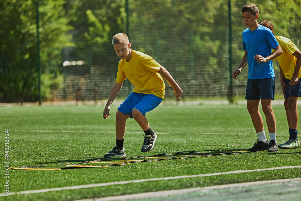Obraz premium Focused Footwork Training. : Children in uniform training outdoors on soccer field, performing fast-paced agility drills . Concept of sport, school, childhood, hobby, active lifestyle