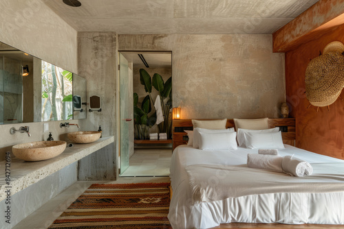 minimalist and boho style bedroom with double bed, open bathroom made of concrete walls and dark wood. 