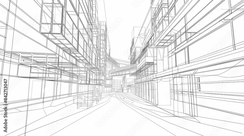 Fototapeta premium abstract modern urban landscape line drawin.3D illustration Imagination architecture building construction perspective design.