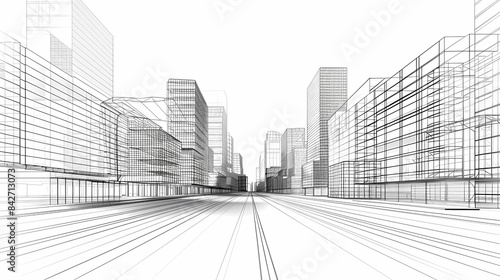 abstract modern urban landscape line drawin.3D illustration Imagination architecture building construction perspective design.